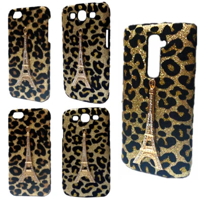 For Phones 3D Bling Luxury Leopard Rhinestone Gold Tower Back Hard Case Cover - Image 1 of 4