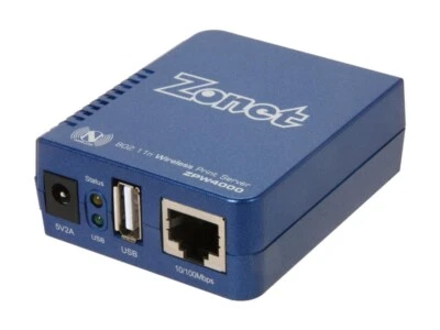 ZONET ZPW4000 WIRELESS-N PRINTSERVER USB RJ-45 802.11B/G/N 10/100 MBPS WPS WEP - Image 1 of 4
