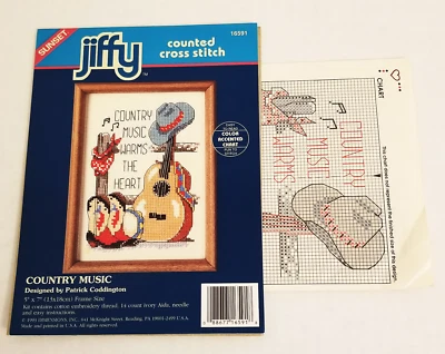 COUNTRY MUSIC WARMS THE HEART Boots Guitar Cross Stitch Pattern Chart From Kit - Image 1 of 4