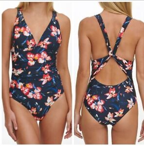 TOMMY HILFIGER Navy Blue Floral Lined Strappy One Piece Swimsuit Womens Size 14