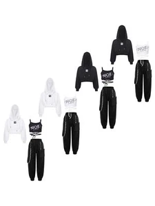 Girls Set Cropped Tracksuit Dance Outfits Metal Chain Clothes Pocket Pants Vest - Picture 1 of 47