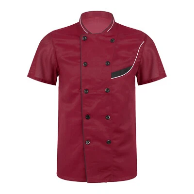 Mens Short Sleeve Chef Coat Jacket Patchwork Button Restaurant Kitchen Uniform - Image 1 of 2
