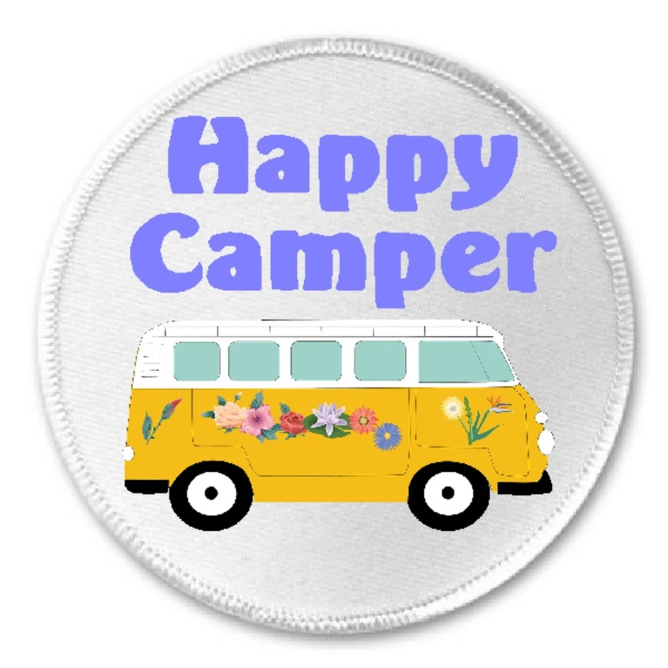 Happy Camper - 3" Sew / Iron On Patch Bus Hippie Van RV Love Peace Gift Present - Image 1 of 1