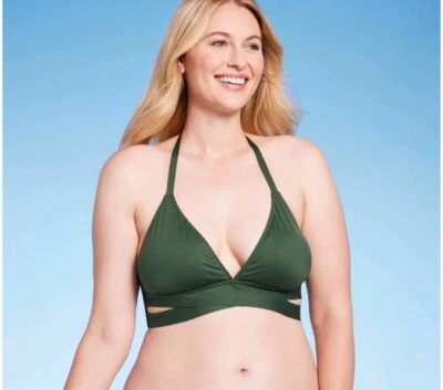 Top de bikini halter envolvente sintética bralette triángulo verde Shade & Shore para mujer, XS Foto 1 de 4