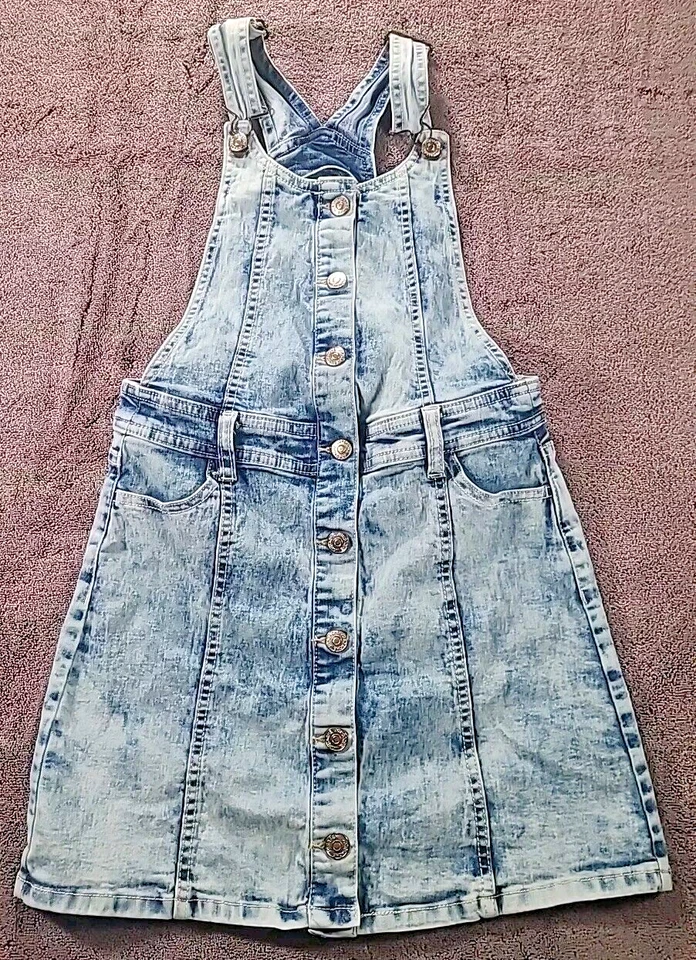Jordache Girls Denim Overall Dress Blue Pockets Buttons Size L 10-12 Acid Wash - Image 1 of 4