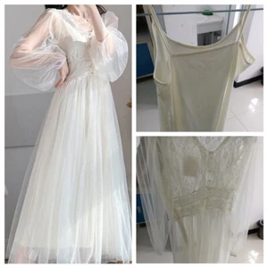 Femme Élégant Tulle Dentelle Robe Et Robe Cami Set Vintage Manches Ballons - Picture 1 of 9