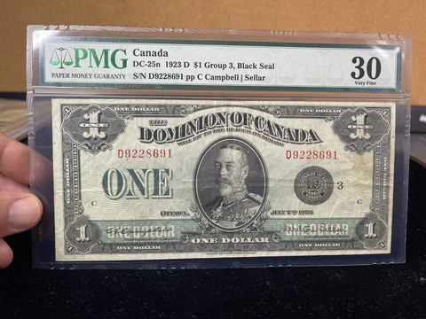 Dominion of Canada 1923 D $1 Group 3 Black Seal DC-25n PMG 30 One Dollar Cover