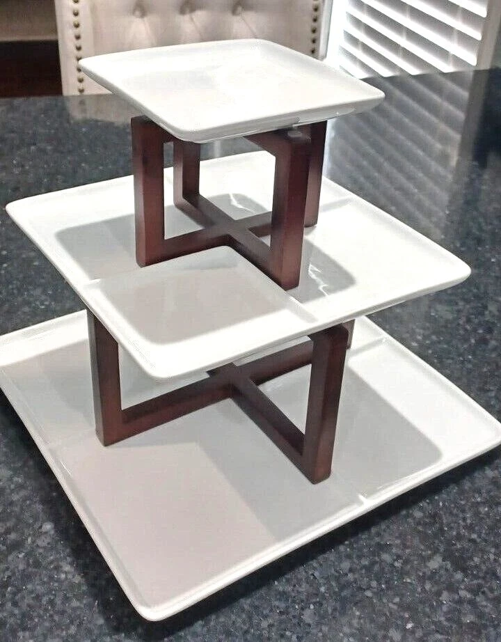 Umbra Fila 3 Tier Stacking Serving Tower w White Plates Espresso Oak Stands NIB - Image 1 of 4