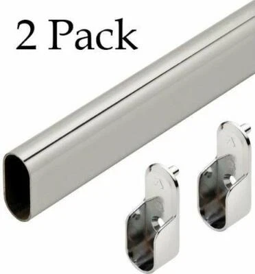 2 Pack Premium Oval Steel Wardrobe Closet Rods with End Supports Polished Chrome - Image 1 of 4