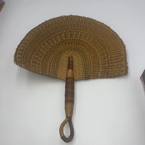 African Hand Woven Hand Fan Brown 15" Length Vintage Handmade - Picture 1 of 9