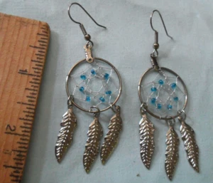 Handmade Dream Catcher Earrings w/Turquoise Seed beads & 3 silver metal feathers - Picture 1 of 2