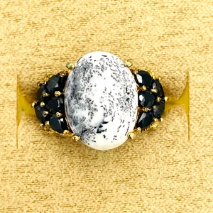 Anillo Dendrita Ágata Ópalo con Espinela Negra Oro Vermiel 925 STS Talla 9 Boho Oeste - Imagen 1 de 12