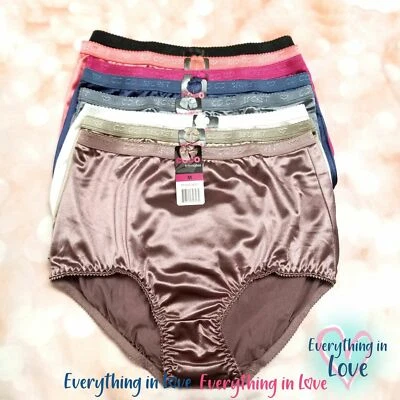 3 6 Women High Waist Full Coverage Shiny Smooth Silky Satin Brief Panties Undies - Image 1 of 4