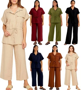 Set 2 pezzi da donna in lino Co-Ord - Top con scollo a V e pantaloni a gamba larga - Foto 1 di 7