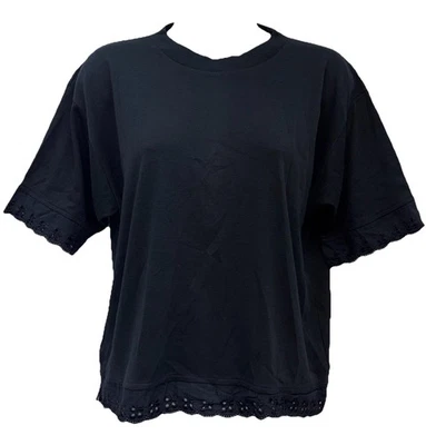 Pullover vintage para mujer talla M manga corta cuello redondo liso negro con ojales Foto 1 de 4