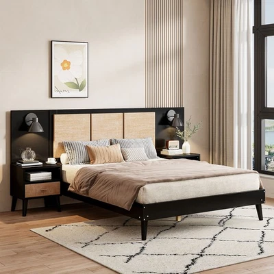 Queen Size Solid Wood Bed Frame with 2 Nightstands, Elegant Design with Lamps, R - Image 1 of 4