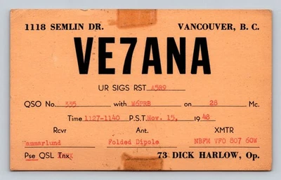 Ham Radio QSL VE7ANA Vancouver Canada 1948 28 Mc Folded Dipole - Image 1 of 2
