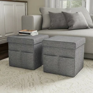Set of 2 Foot Stool Storage Ottomans Folding with Lids 15 x 15 In with Pockets - Picture 1 of 6