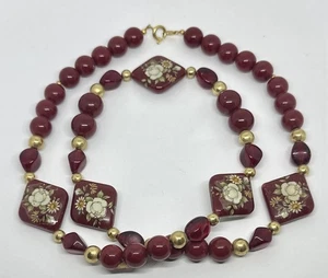 Vintage Japan 30" Plastic Beaded Necklace Red Gold Painted Floral Print - Picture 1 of 4