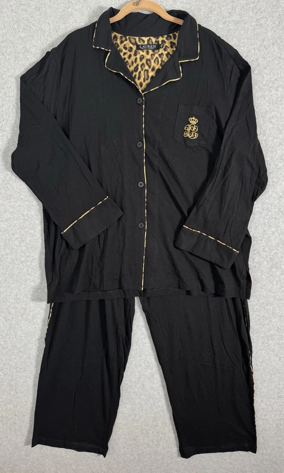 Conjunto de pijamas Lauren Ralph Lauren etiqueta negra estampado animal LRL corona algodón 2X Foto 1 de 4