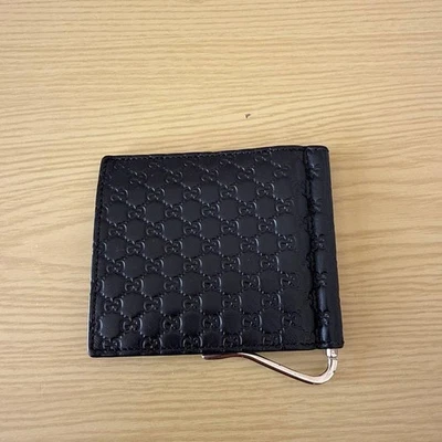 Cartera Gucci Micro GG a Cuadros Doble Plegable Cuero Negro Unisex Hecha en Italia Clip para Dinero Foto 1 de 3