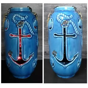 Nautical Maritime Lantern Light Blue With Red Led Lights Weathered Look Lamp - Picture 1 of 6