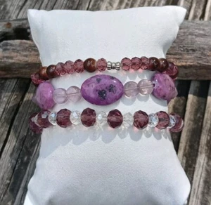 3 New OOAK Handmade Stretch Bracelet Set Purple Stone Disk Glass Clear Beads - Picture 1 of 3