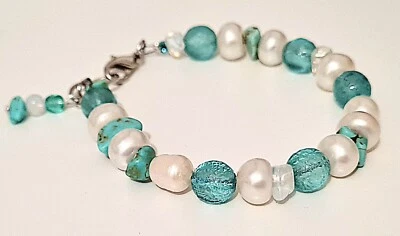 Pulsera de cuentas Cristal Checo, tono verde mar, Turquesas y Perlas de Río - Imagen 1 de 4