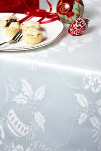 CHRISTMAS TABLECLOTHS WHITE / SILVER BAUBLE Many Sizes Xmas Damask Design - Picture 1 of 3