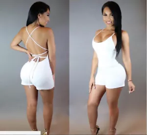 White O-Neck Jumpsuit Rompers Backless Short Bodysuit Bodycon MIdi Dress Overall - Picture 1 of 12