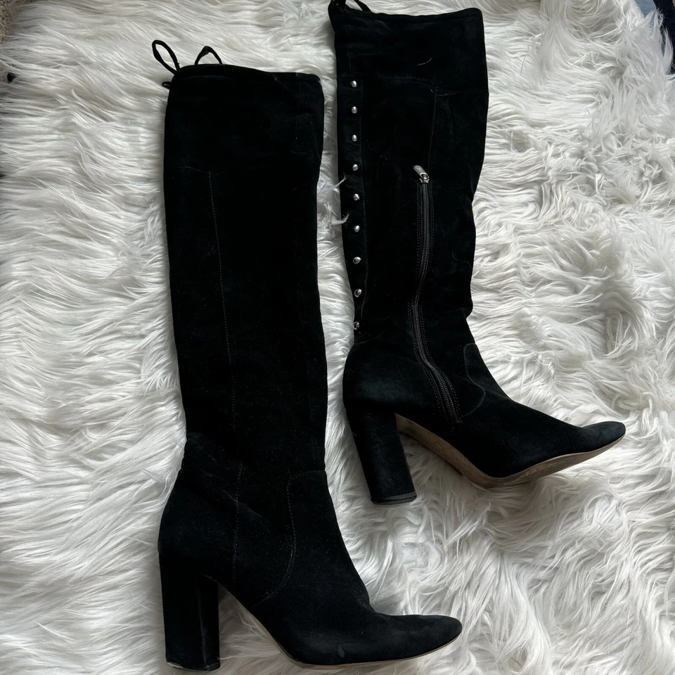 Adrienne Vittadini черная замша над колена ботинки, заостренный носок, серебряные запонки, 7 - Изображение 1 из 4