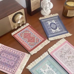 Almohadilla tejida para taza patrón persa alfombra mini oficina mesa decoración hogar artesanía retro - Imagen 1 de 16