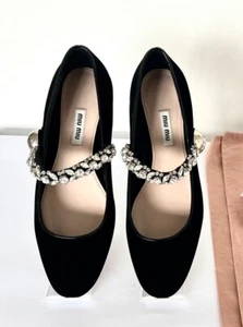 AUTH Miu Miu Crystal Embellished Mary Jane Flat Velvet 38 - Picture 1 of 6