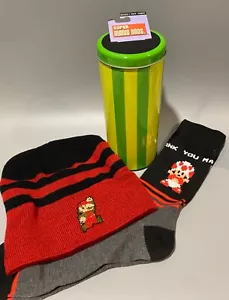 NEW Super Mario Knit Beanie & Crew Sock Set Collectible Pipe Tin Bank Nintendo - Picture 1 of 10
