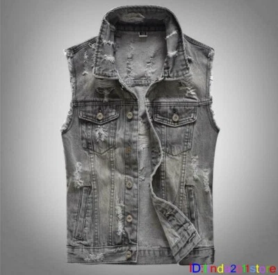 Gilet homme gris denim motard gilet jeans déchiré sans manches veste gilet hauts - Photo 1/3