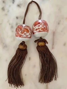 Vintage Japanese Porcelain Handpainted Hanging Scroll Weights gold and orange - Picture 1 of 6