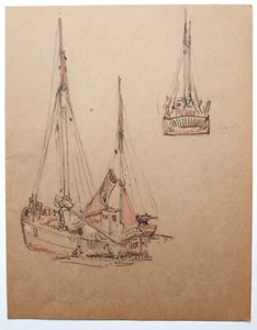 Dibujo de grafito de Elijah Albert Cox (1876-1955). Estudio de dos veleros - Imagen 1 de 3