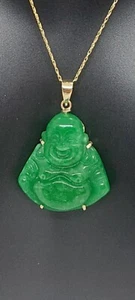 GREEN Jade Buddha in 14k Solid Yellow Gold Pendant / Necklace 18" ROPE Chain - Picture 1 of 22