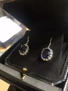 Acabado en Oro Blanco Zafiro Azul Ovalado Sintético Pendientes Lazada Diamante - Imagen 1 de 6