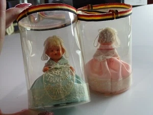 "1910 Brussels Expo" Two Souvenir 3 1/2" Dolls Pink/Blue Never Removed From Box - Picture 1 of 4