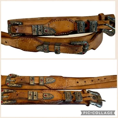 "Cinturón occidental vintage de 11 piezas de plata esterlina con gemas rojas rubí cuero coñac 34""-37""" Foto 1 de 4