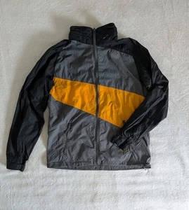 Volcom Orange Gray Black Stripe Windbreaker Men's M Hidden Checkered Print Hood - Picture 1 of 15