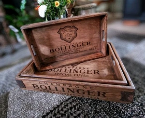 56cm Bollinger Champage Wooden Tray Handles Vintage Style Waxed Tray F&M - Picture 1 of 2