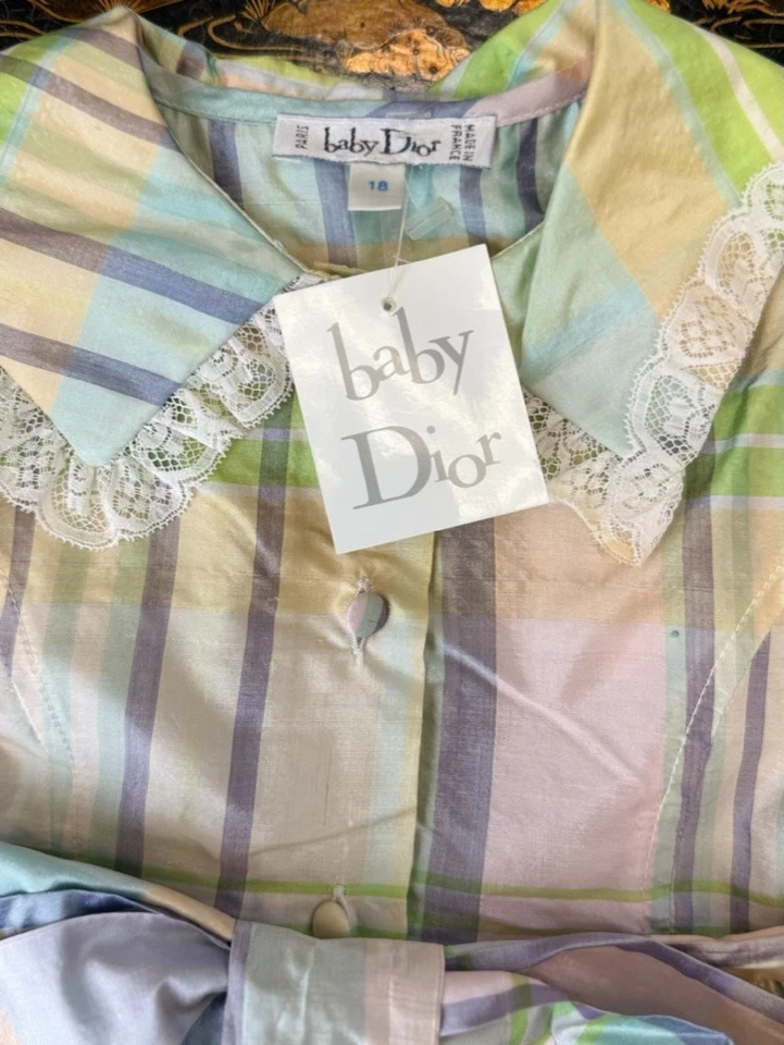 NOS Vintage BABY DIOR Plaid Pastel Silk & Lace Dress * 18 Months * New Old Stock - Image 1 of 4
