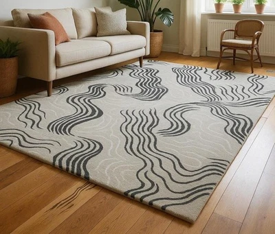 Wavy Abstract lines Handmade Area Rug, Hand-Tufted New Zealand Wool Rug - Image 1 of 4