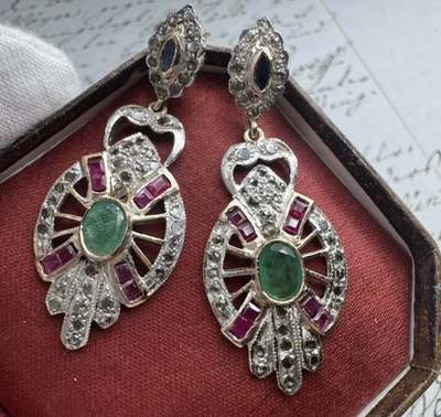 Wien um 1890, Ohrringe, antik, Diamanten, Smaragde, Saphire, Silber, Jugendstil - Bild 1 von 4
