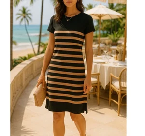 J Crew T-Shirt Baumwolle Midikleid Large schwarz Streifen Rundhals ALine Relaxed - Bild 1 von 9