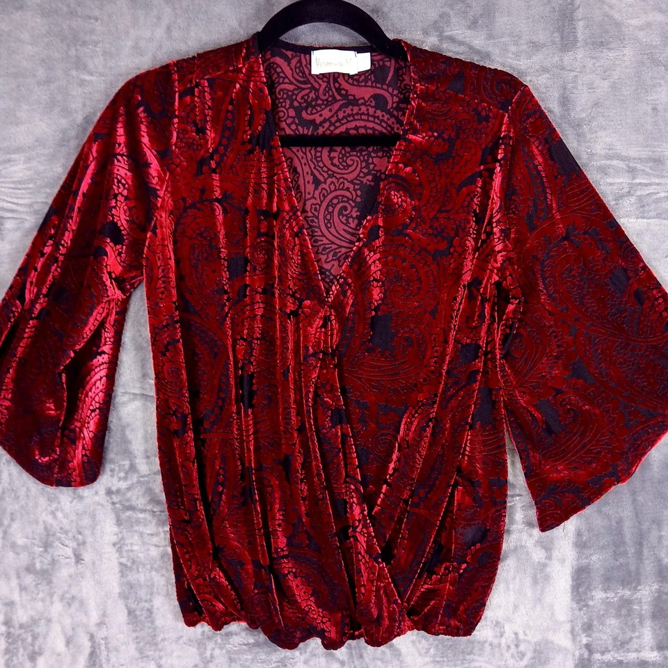 Blusa Veronica M Mujer Pequeña Roja Terciopelo Paisley Sobrepelliz Envolvente Top Hecha en EE. UU. Foto 1 de 4