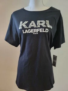 KARL LAGERFELD PARIS Short Sleeve Black W/ Rhinestone & Beads T-Shirt Choose Sz - Picture 1 of 8