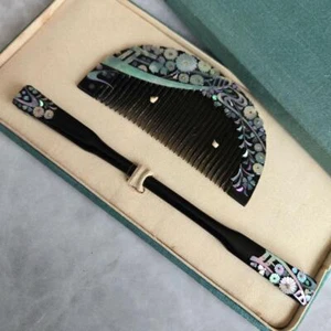 Japanese Traditional Hair Comb & Hair Pin Set Black lacquer Mother of Pearl - Picture 1 of 6